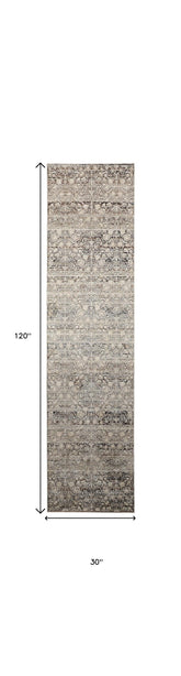 10' Gray and Ivory Oriental Power Loom Distressed Runner Rug With Fringe